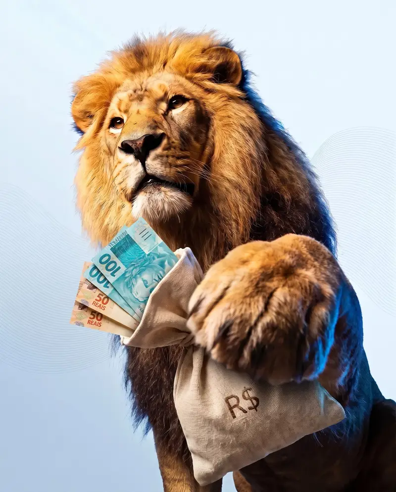 Leão segurando uma bolsa com notas de real